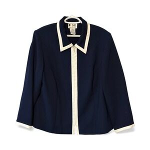 KSL Navy Blue White Contrast Trim Zip Up Blazer Jacket Womens Size 16W Vintage